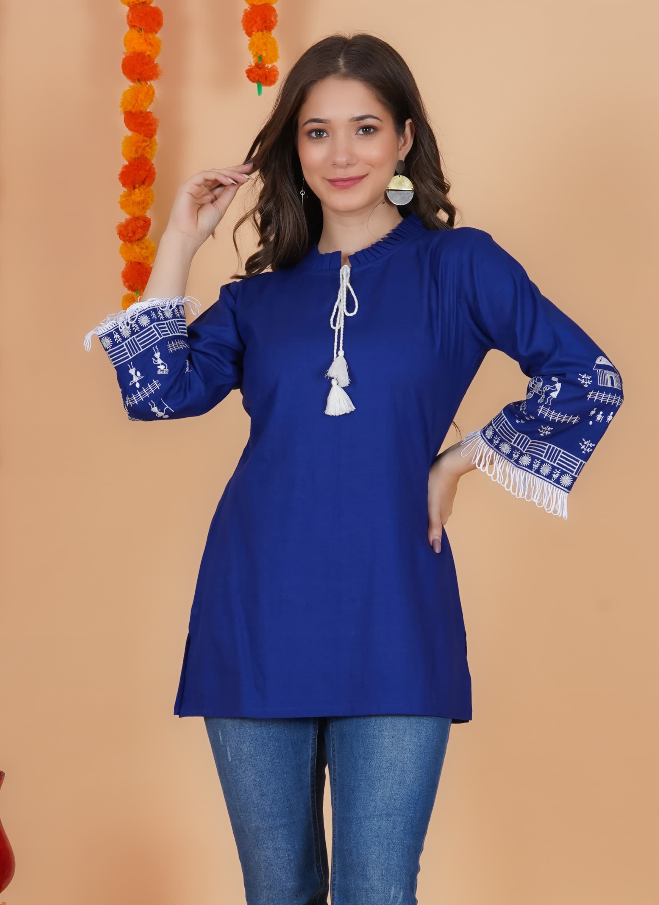 Woman wearing a navy tunic top for women by Nishtha Chadda