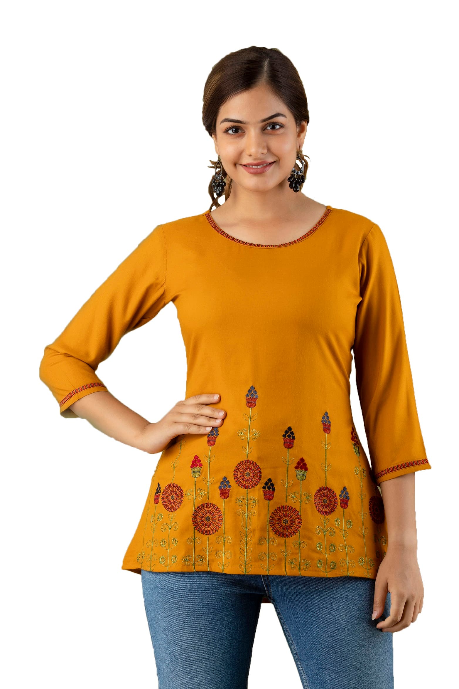 Woman wearing a orange tunic top for women by Nishtha Chadda