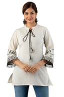 Woman wearing a orange tunic top for women by Nishtha Chadda