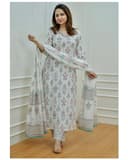 Woman wearing a grey party wear ethnic kurta style by Nishtha Chadda