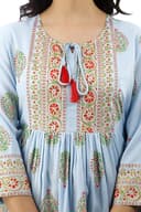 Woman wearing a grey party wear ethnic kurta style by Nishtha Chadda