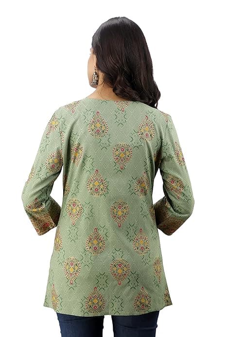 Woman wearing a olive party wear ethnic kurta style by Nishtha Chadda