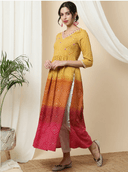 Woman wearing a red indian kurti for women by Nishtha Chadda