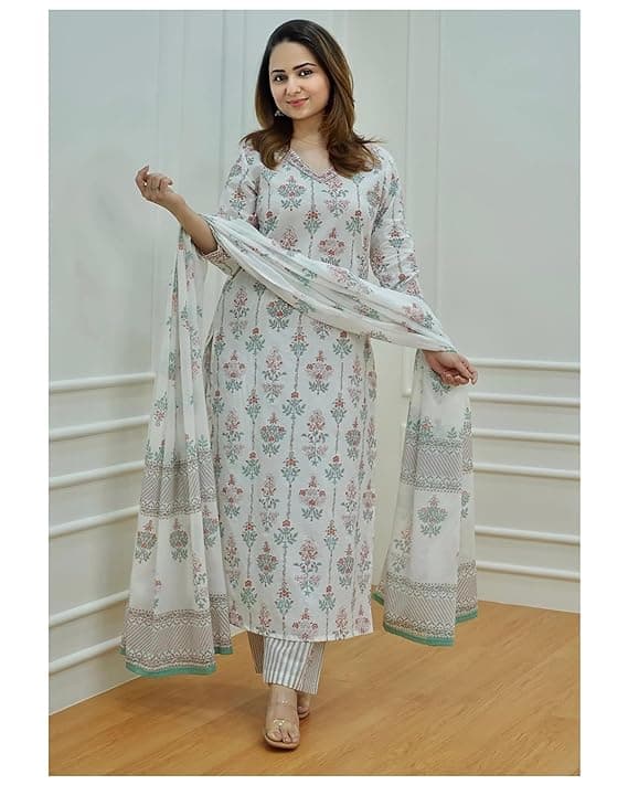 Woman wearing a grey party wear ethnic kurta style by Nishtha Chadda
