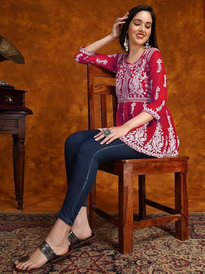 Woman wearing a brown party wear ethnic kurta style by Nishtha Chadda