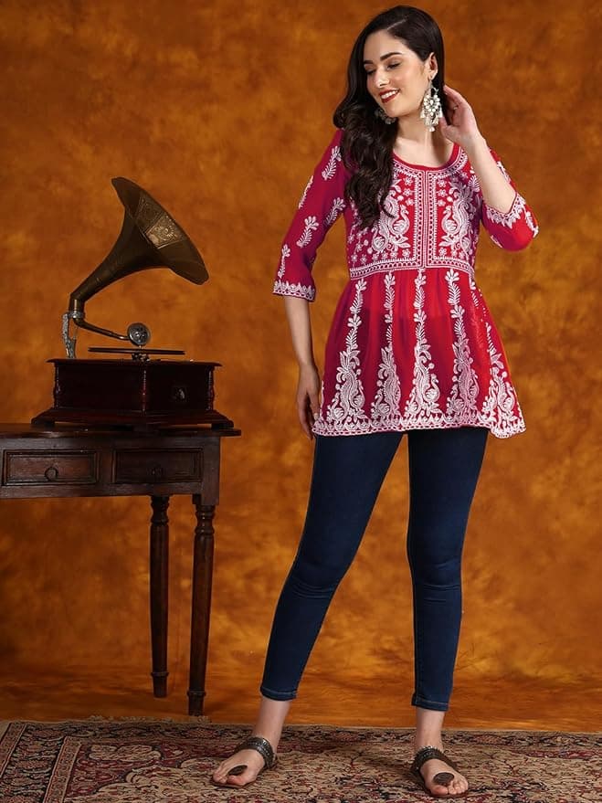 Woman wearing a brown party wear ethnic kurta style by Nishtha Chadda