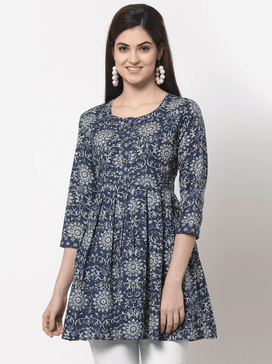 Woman wearing a grey indian kurti for women by Nishtha Chadda
