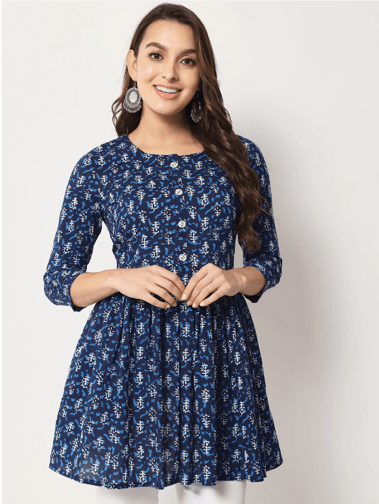 Woman wearing a navy indian kurti for women by Nishtha Chadda
