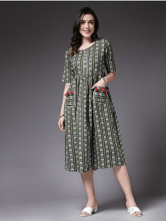 Woman wearing a grey indian kurti for women by Nishtha Chadda
