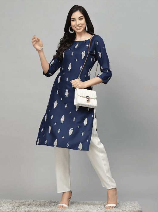 Woman wearing a navy indian kurti for women by Nishtha Chadda