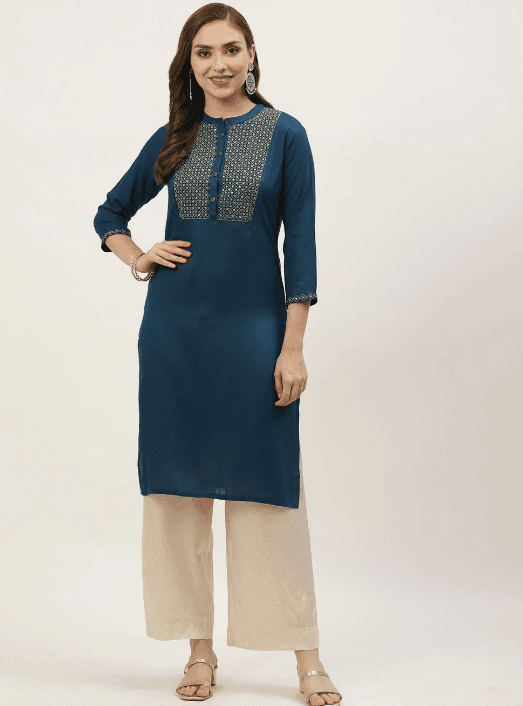 Woman wearing a navy indian kurti for women by Nishtha Chadda