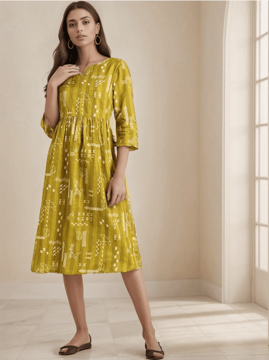 Woman wearing a mustard indian kurti for women by Nishtha Chadda