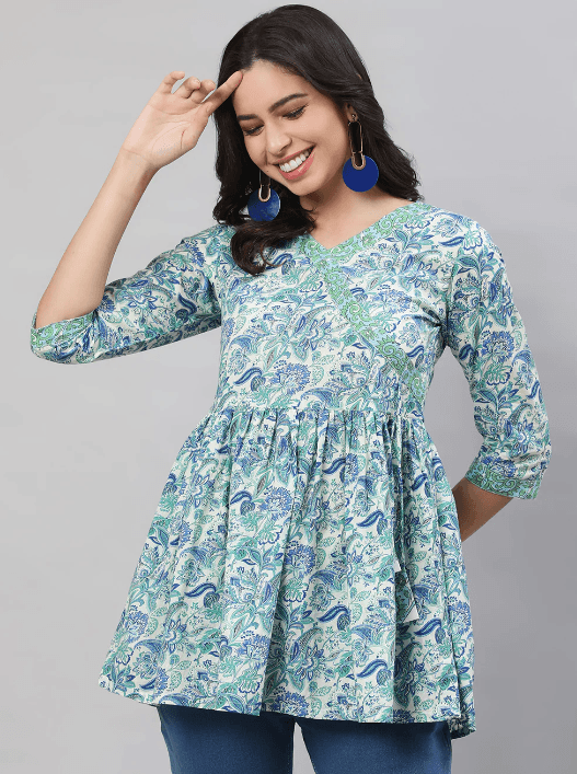 Woman wearing a grey indian kurti for women by Nishtha Chadda