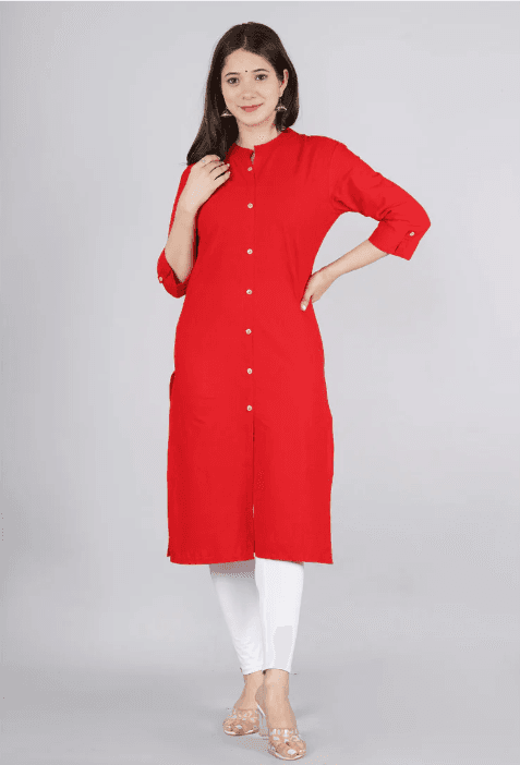 Woman wearing a red indian kurti for women by Nishtha Chadda