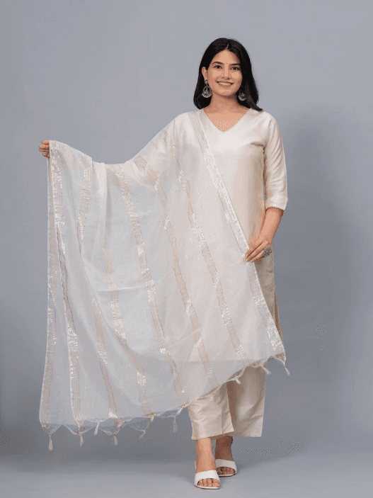 Woman wearing a grey kurti set with dupatta by Nishtha Chadda