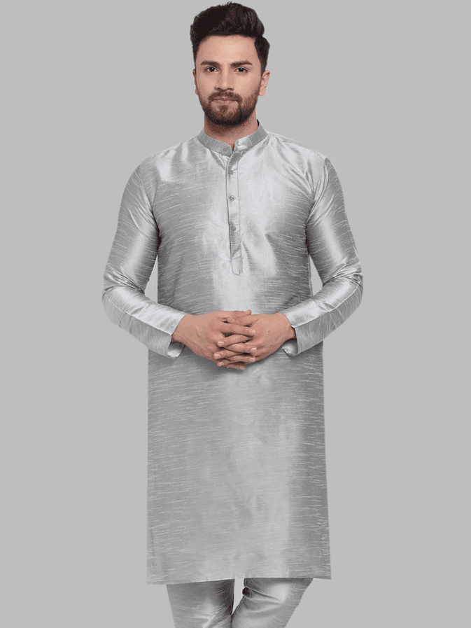 Model wearing a grey party wear kurta by Nishtha Chadda