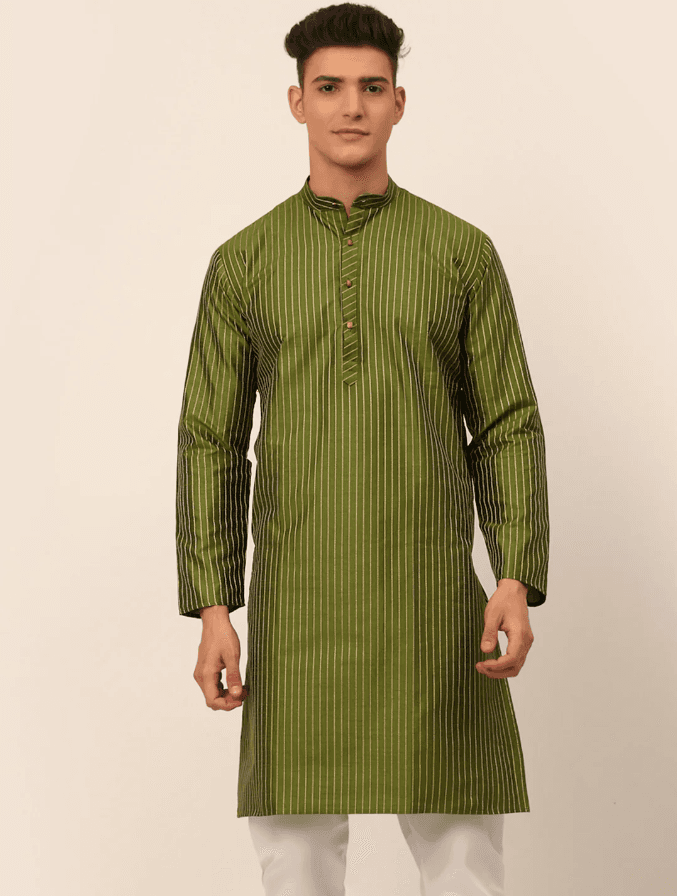 Model wearing a olive party wear kurta by Nishtha Chadda
