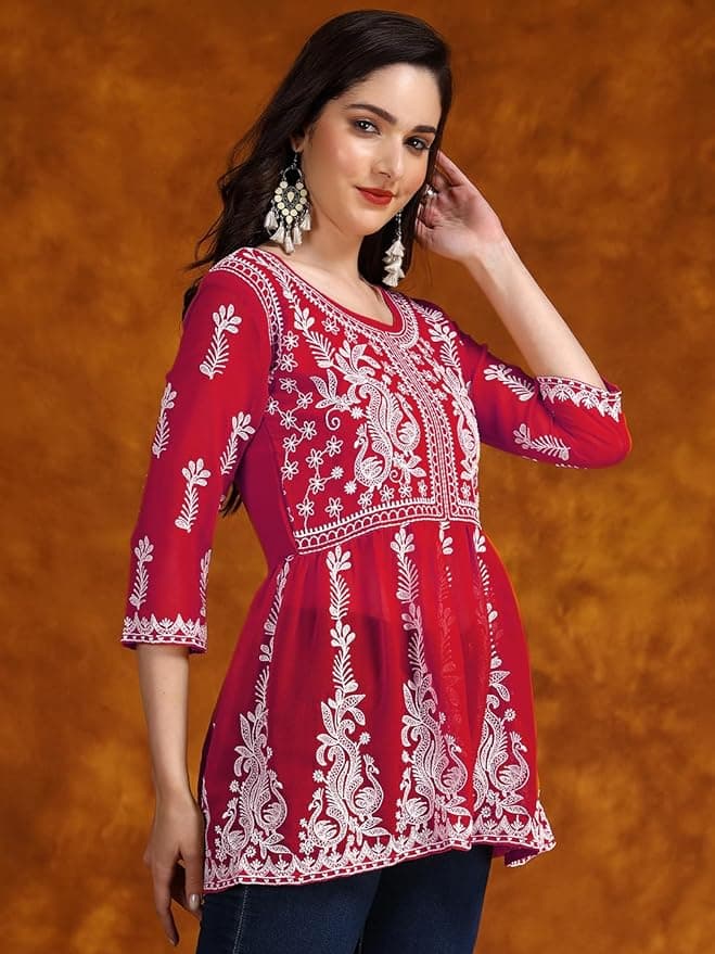 Red Embroidered Short Kurti Top