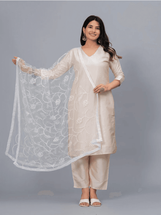 Cream Embroidered Kurti Set with Dupatta