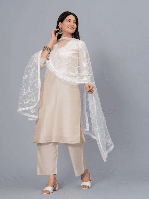 Cream Embroidered Kurti Set with Dupatta