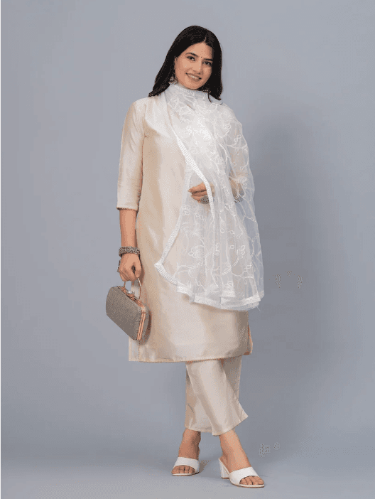 Cream Embroidered Kurti Set with Dupatta